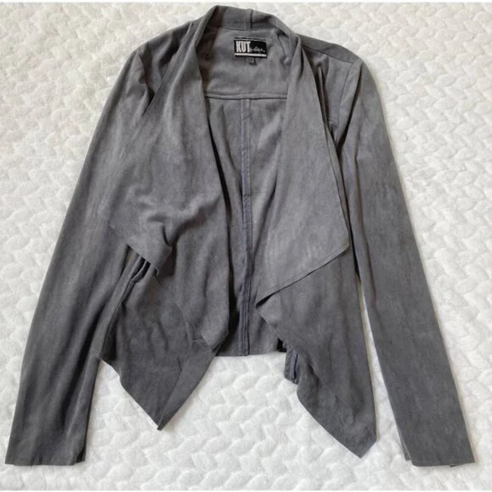 KUT from the Kloth Grey Faux Suede Drape Front Waterfall Jacket XS K125031‎